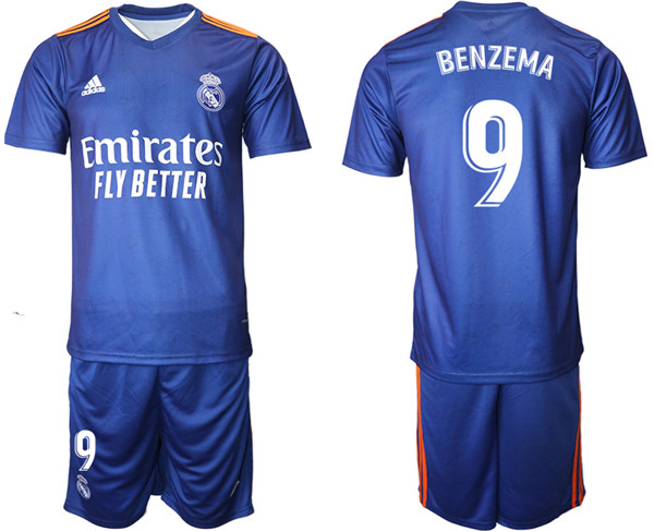Men's Real Madrid #9 Karim Benzema 2021/22 Blue Away Soccer Jersey with Shorts